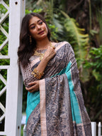 Jyoti Fashion Women's Sky Blue Soft Tussar Silk Madhubani Printed Saree with Blouse | Grocsy
