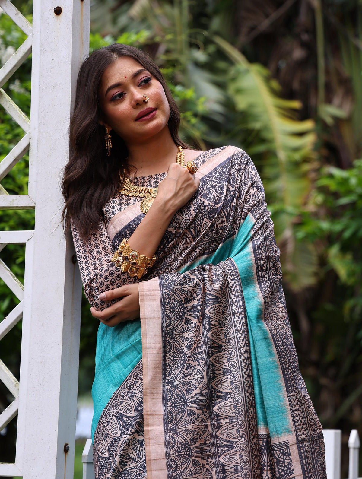 Jyoti Fashion Women's Sky Blue Soft Tussar Silk Madhubani Printed Saree with Blouse | Grocsy