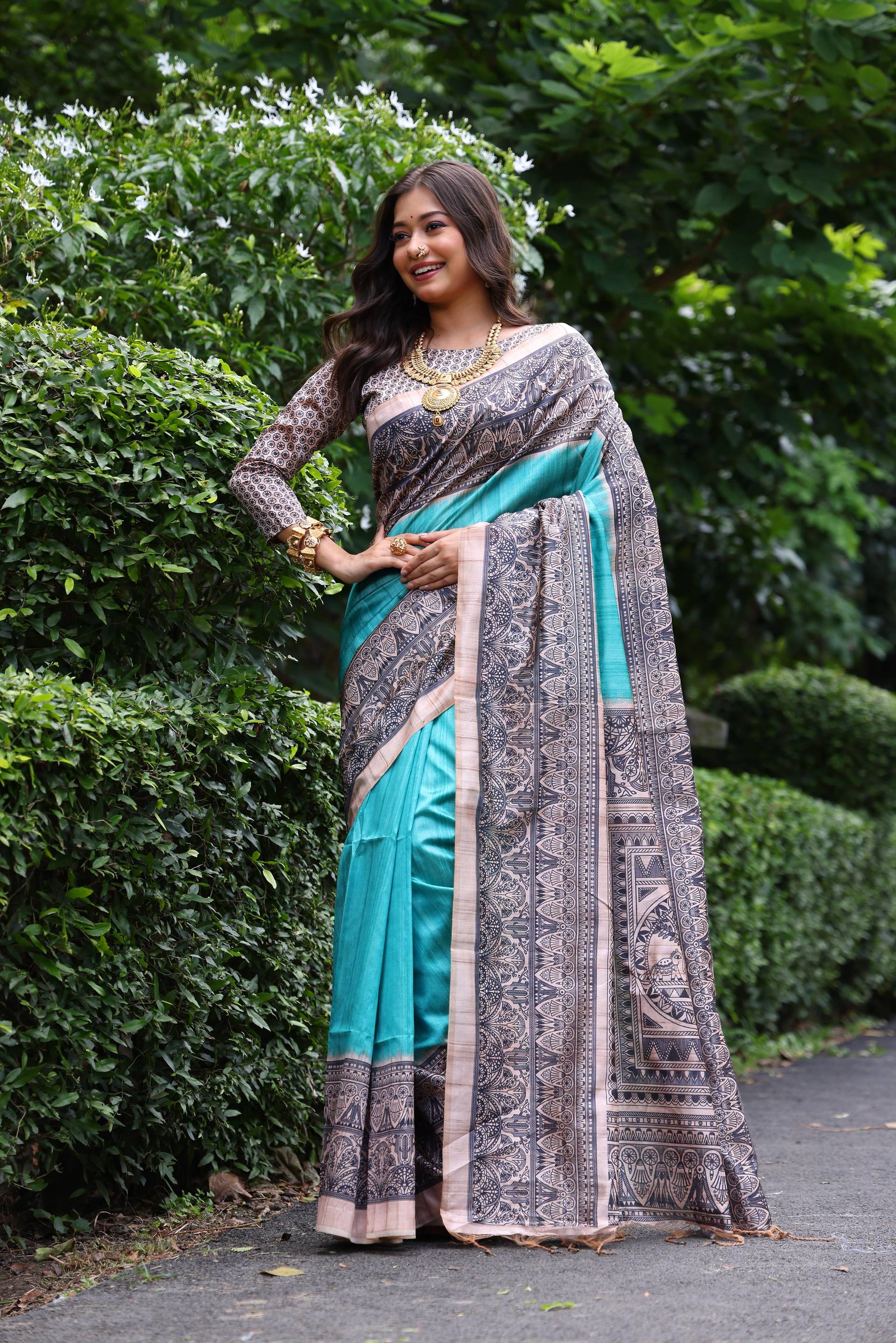 Jyoti Fashion Women's Sky Blue Soft Tussar Silk Madhubani Printed Saree with Blouse | Grocsy