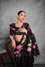 Jyoti Fashion Women's Black Soft Tussar Silk Floral Printed Saree with Blouse | Grocsy