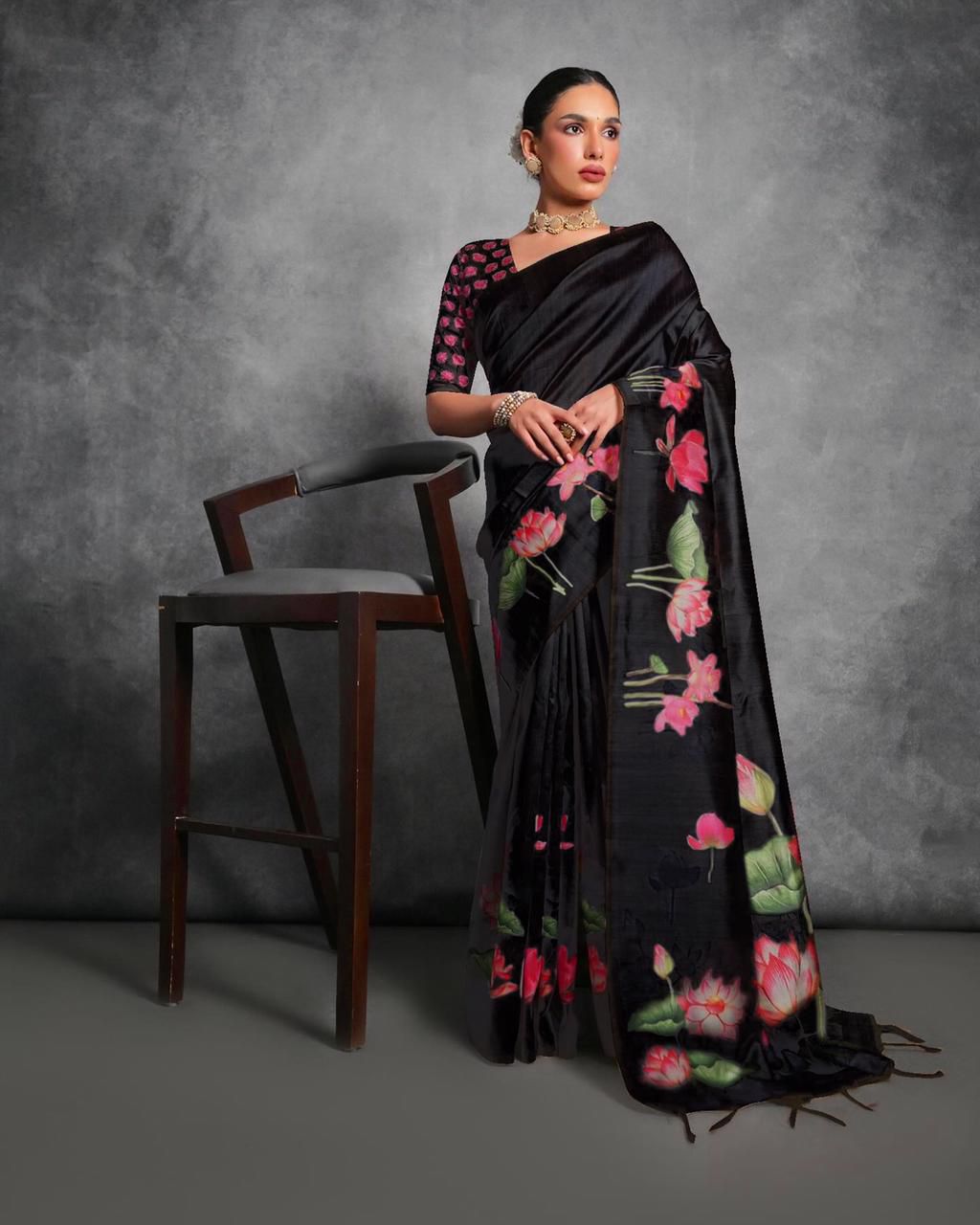 Jyoti Fashion Women's Black Soft Tussar Silk Floral Printed Saree with Blouse | Grocsy