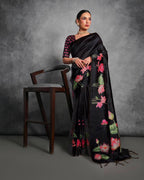 Jyoti Fashion Women's Black Soft Tussar Silk Floral Printed Saree with Blouse | Grocsy