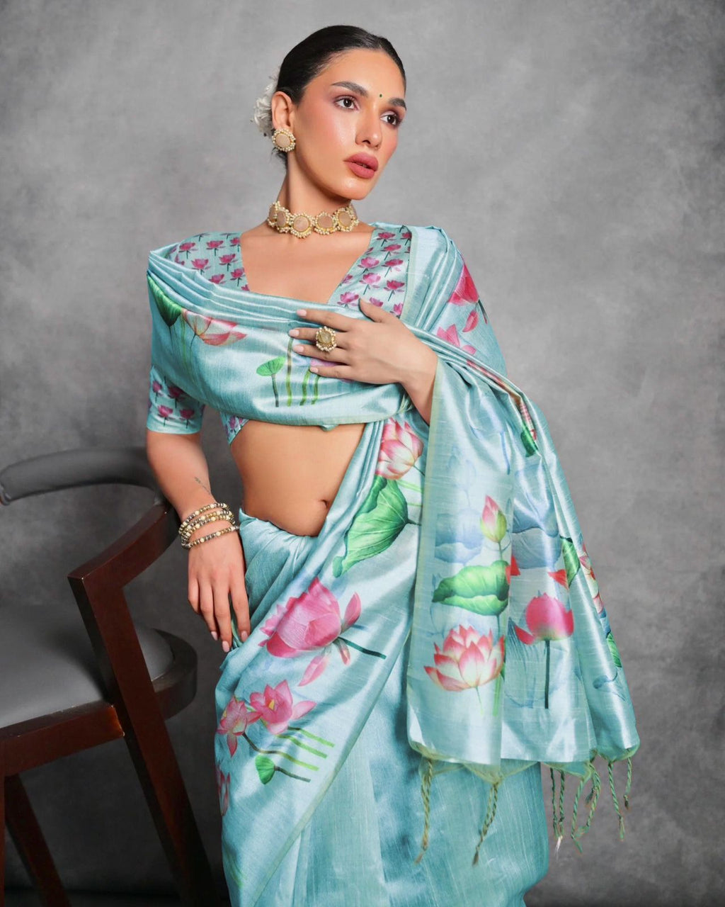 Jyoti Fashion Women's Sky Blue Soft Tussar Silk Floral Printed Saree with Blouse | Grocsy