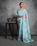 Jyoti Fashion Women's Sky Blue Soft Tussar Silk Floral Printed Saree with Blouse | Grocsy