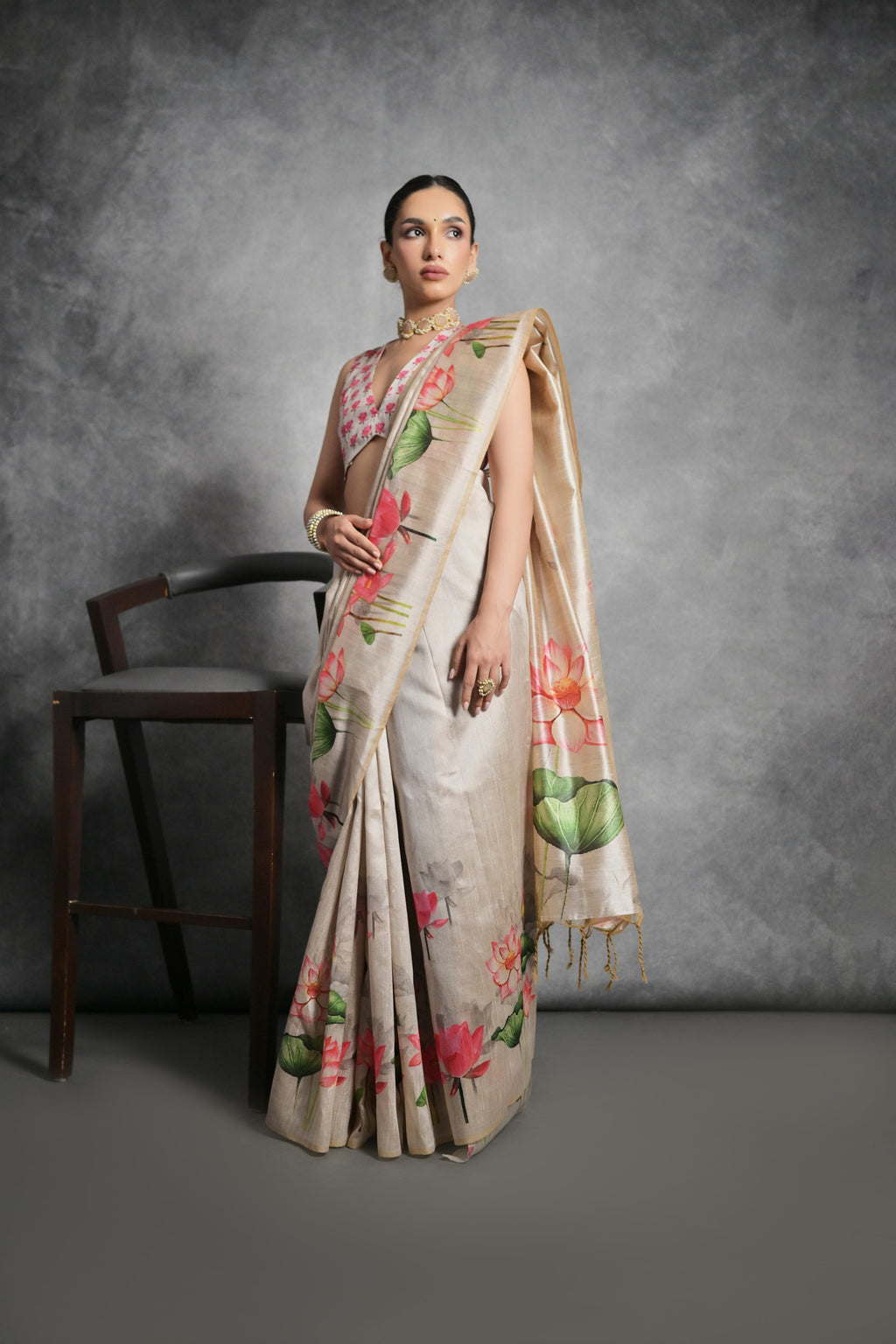 Jyoti Fashion Women's Beige Soft Tussar Silk Floral Printed Saree with Blouse | Grocsy