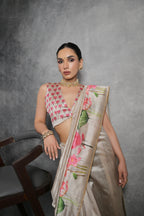 Jyoti Fashion Women's Beige Soft Tussar Silk Floral Printed Saree with Blouse | Grocsy