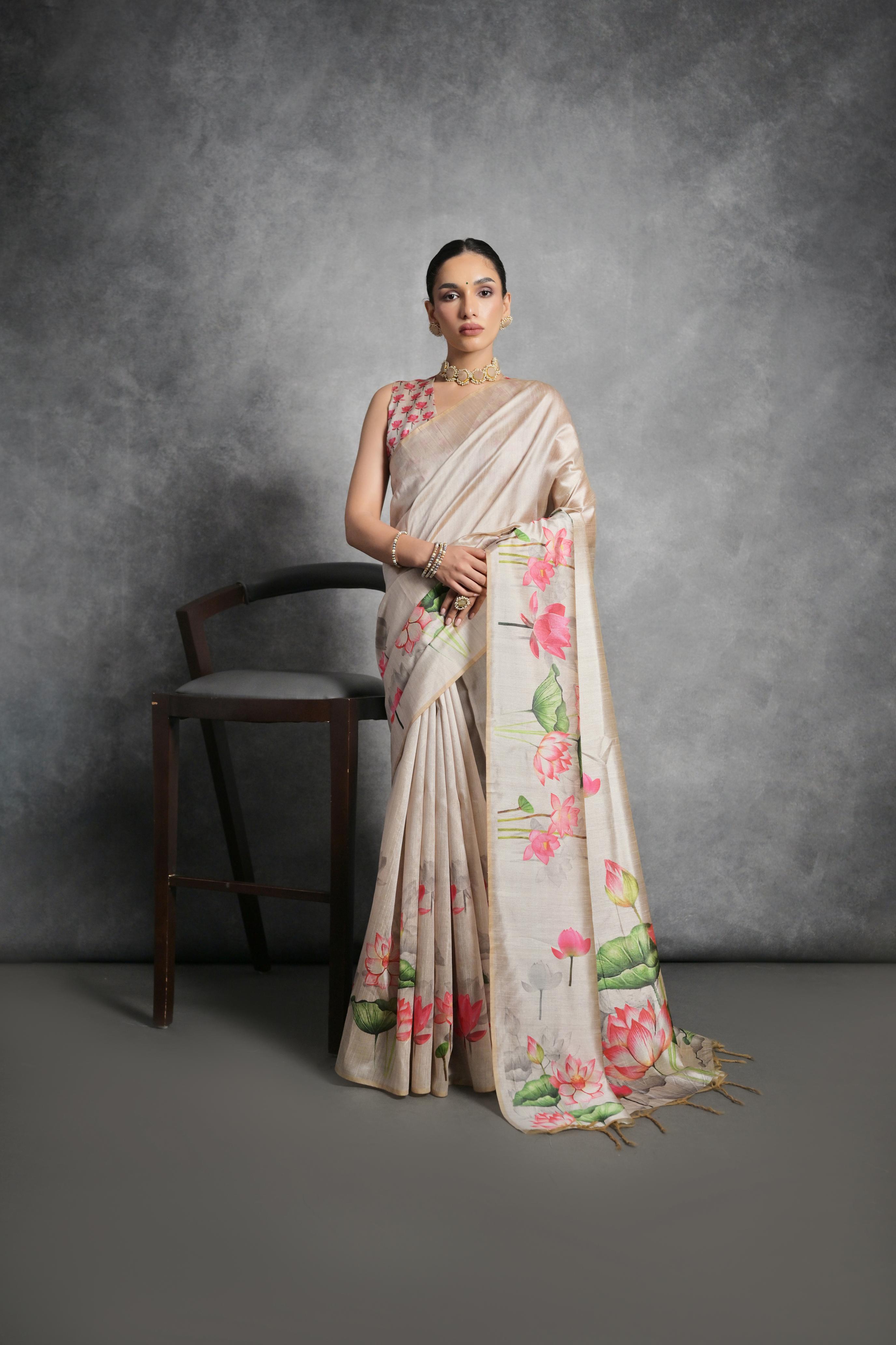 Jyoti Fashion Women's Beige Soft Tussar Silk Floral Printed Saree with Blouse | Grocsy