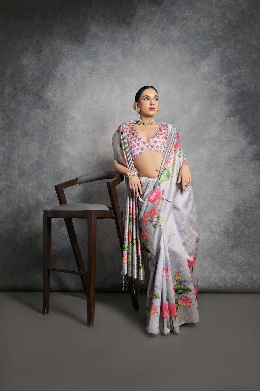 Jyoti Fashion Women's Grey Soft Tussar Silk Floral Printed Saree with Blouse | Grocsy