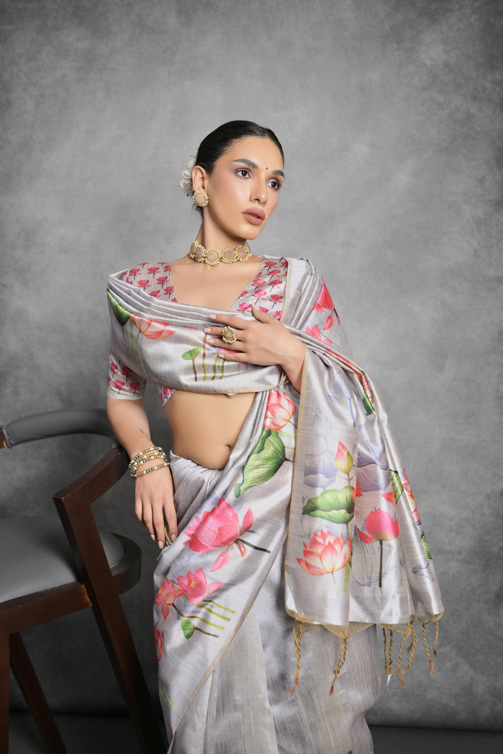 Jyoti Fashion Women's Grey Soft Tussar Silk Floral Printed Saree with Blouse | Grocsy