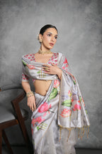 Jyoti Fashion Women's Grey Soft Tussar Silk Floral Printed Saree with Blouse | Grocsy