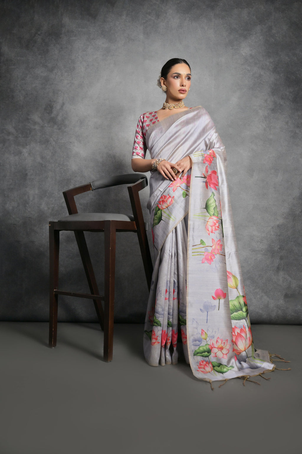 Jyoti Fashion Women's Grey Soft Tussar Silk Floral Printed Saree with Blouse | Grocsy