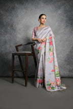 Jyoti Fashion Women's Grey Soft Tussar Silk Floral Printed Saree with Blouse | Grocsy