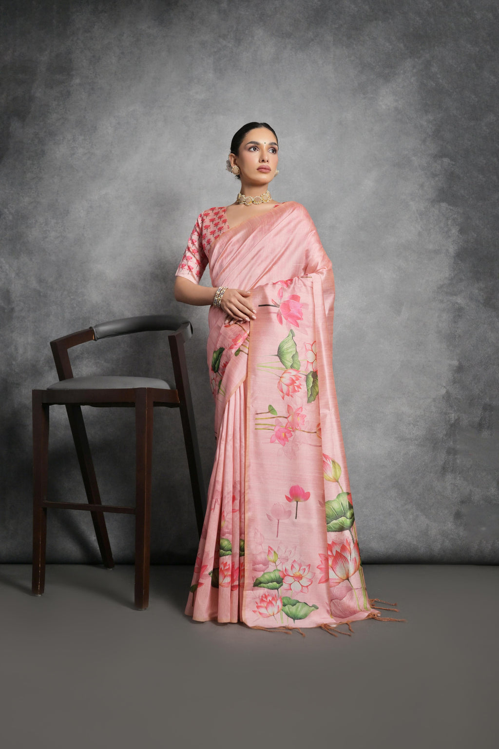 Jyoti Fashion Women's Pink Soft Tussar Silk Floral Printed Saree with Blouse | Grocsy