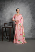 Jyoti Fashion Women's Pink Soft Tussar Silk Floral Printed Saree with Blouse | Grocsy