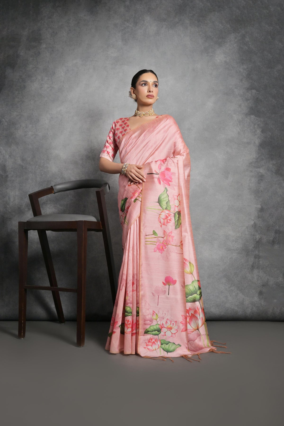 Jyoti Fashion Women's Pink Soft Tussar Silk Floral Printed Saree with Blouse | Grocsy
