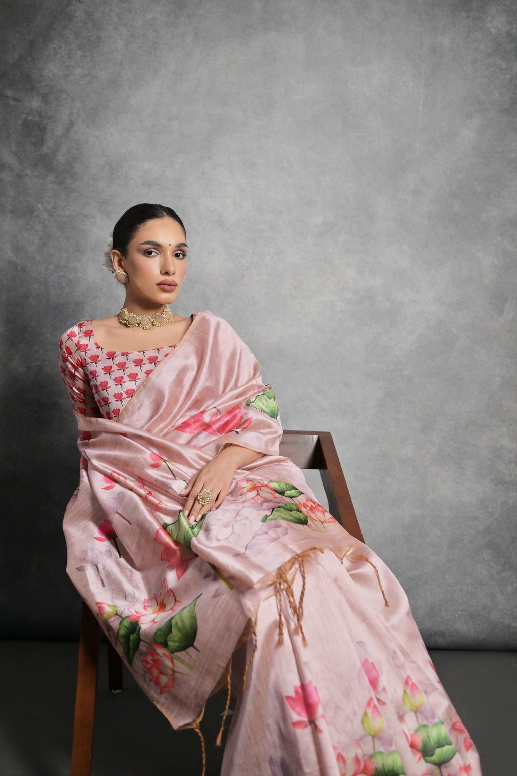 Jyoti Fashion Women's Peach Soft Tussar Silk Floral Printed Saree with Blouse | Grocsy