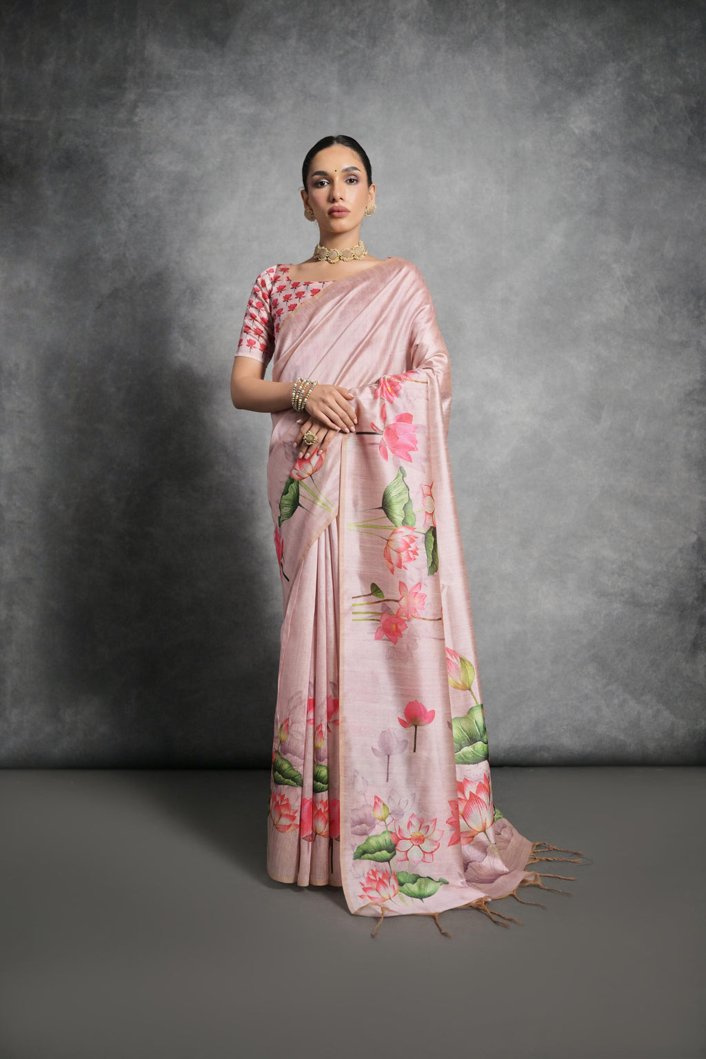 Jyoti Fashion Women's Peach Soft Tussar Silk Floral Printed Saree with Blouse | Grocsy