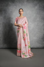 Jyoti Fashion Women's Peach Soft Tussar Silk Floral Printed Saree with Blouse | Grocsy
