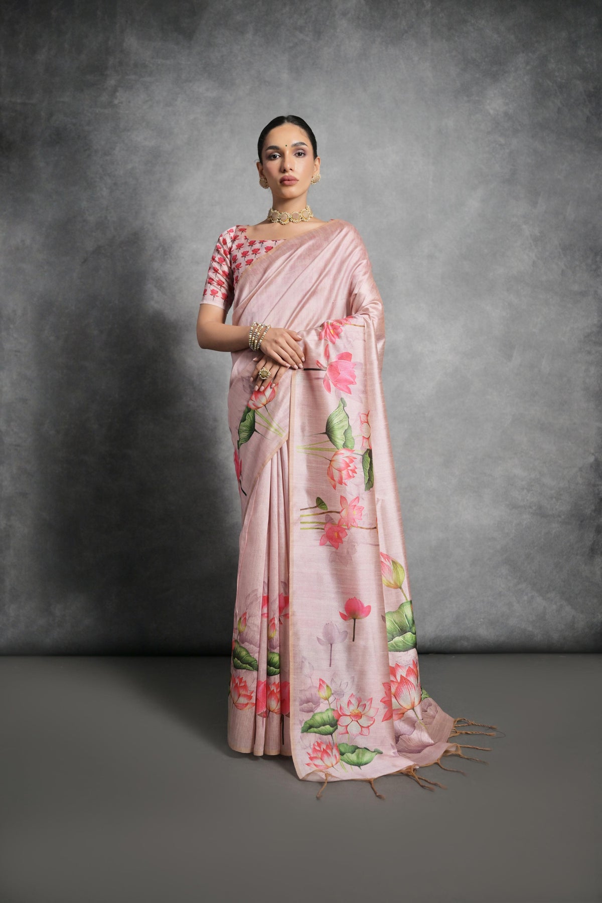 Jyoti Fashion Women's Peach Soft Tussar Silk Floral Printed Saree with Blouse | Grocsy