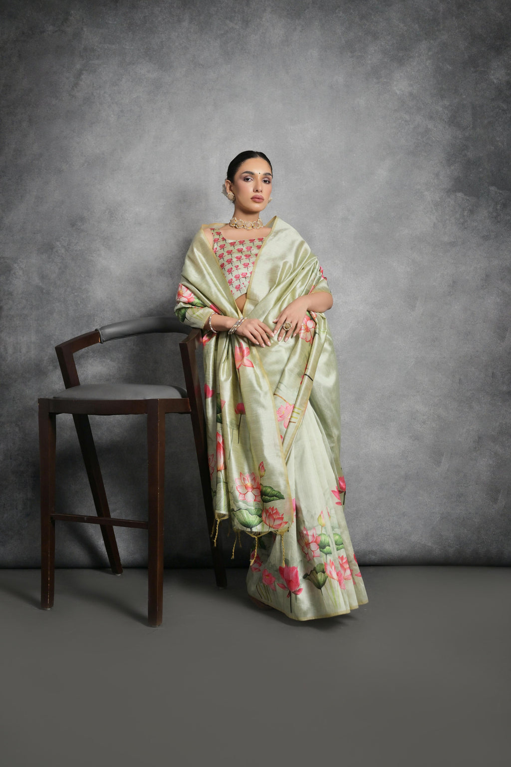 Jyoti Fashion Women's Pista Green Soft Tussar Silk Floral Printed Saree with Blouse | Grocsy