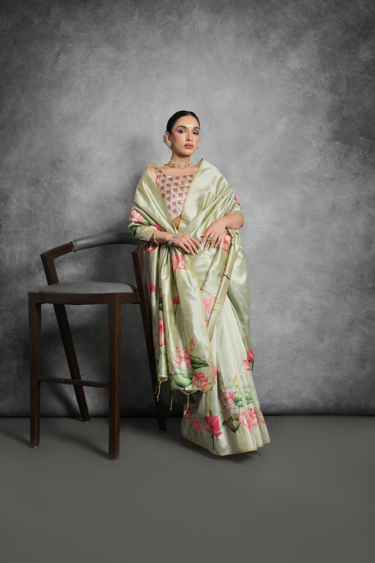 Jyoti Fashion Women's Pista Green Soft Tussar Silk Floral Printed Saree with Blouse | Grocsy