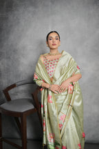 Jyoti Fashion Women's Pista Green Soft Tussar Silk Floral Printed Saree with Blouse | Grocsy