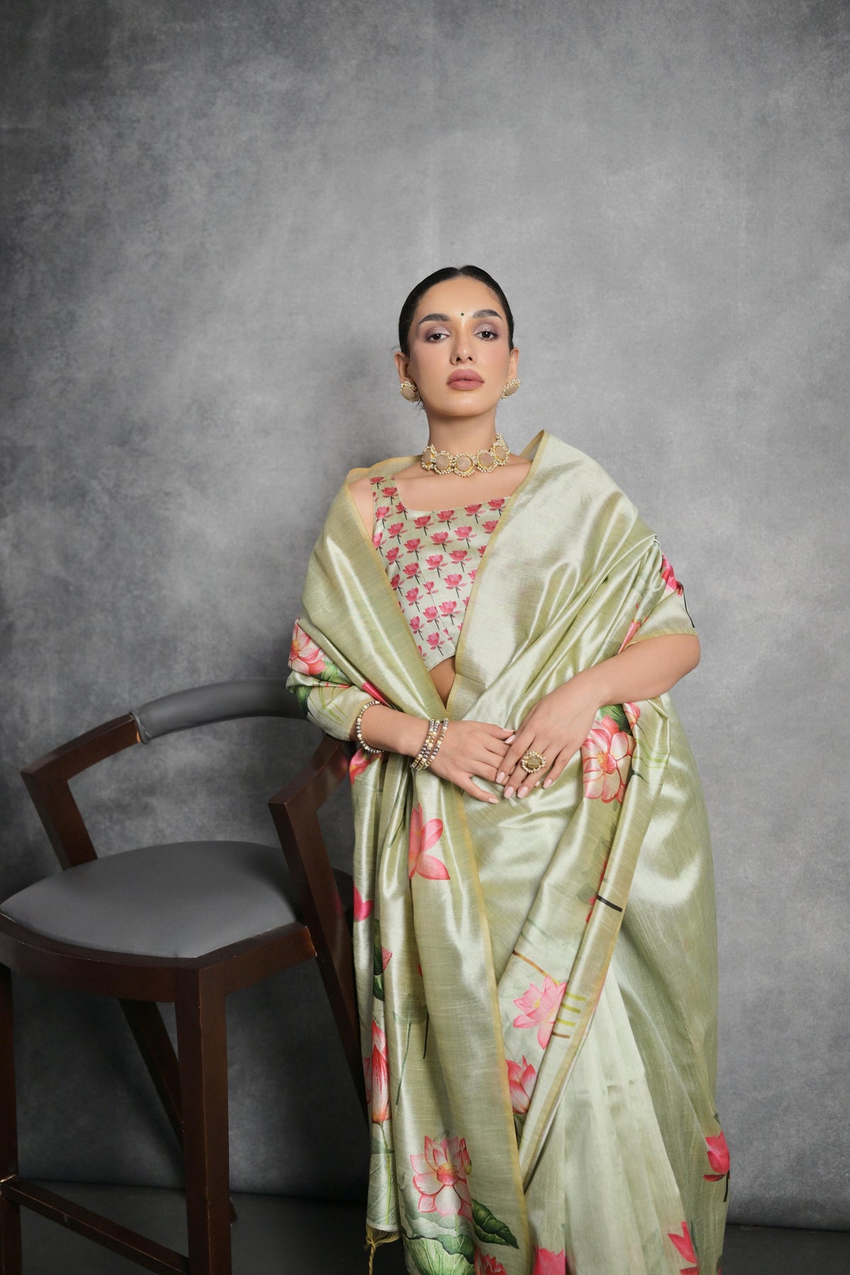 Jyoti Fashion Women's Pista Green Soft Tussar Silk Floral Printed Saree with Blouse | Grocsy