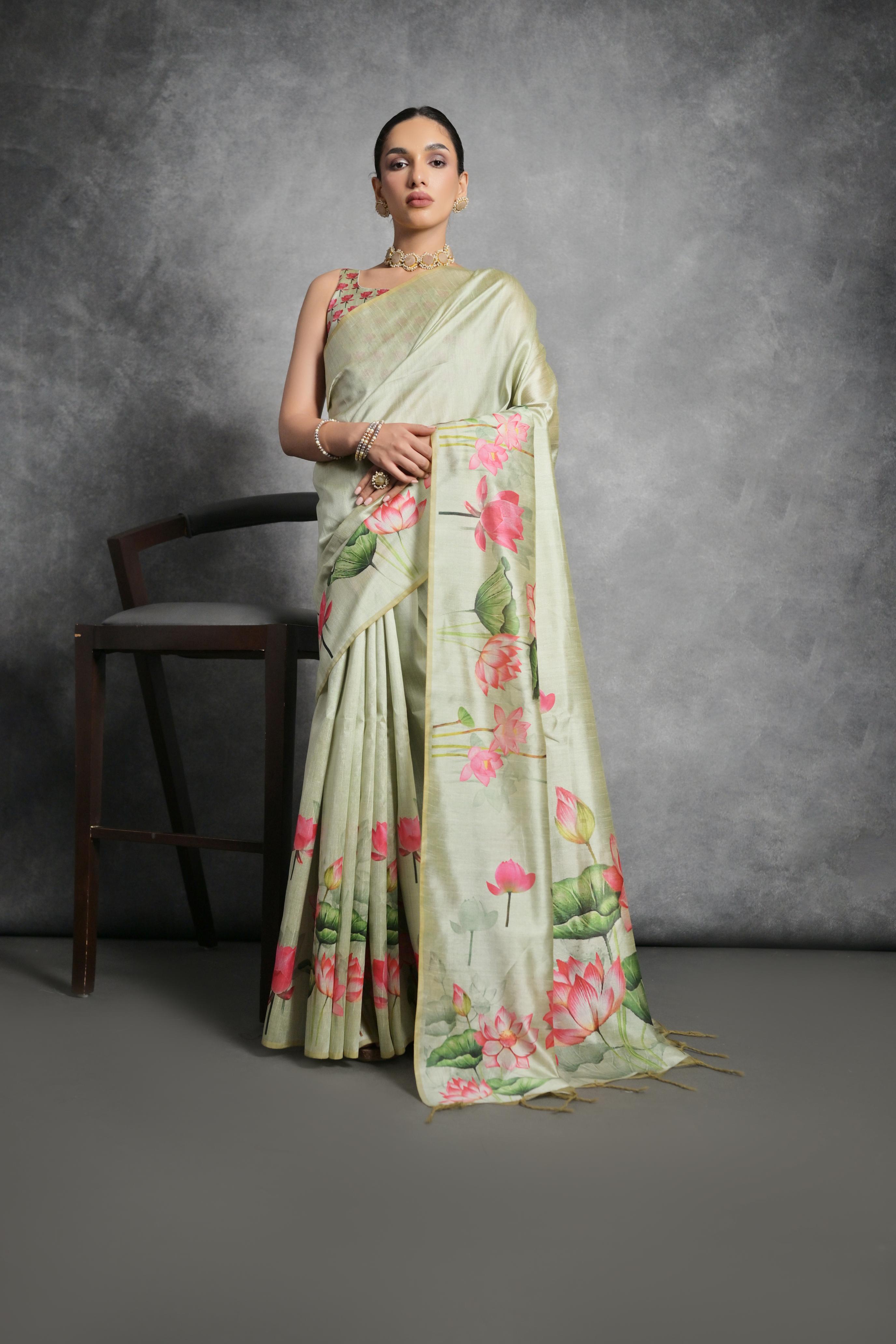 Jyoti Fashion Women's Pista Green Soft Tussar Silk Floral Printed Saree with Blouse | Grocsy