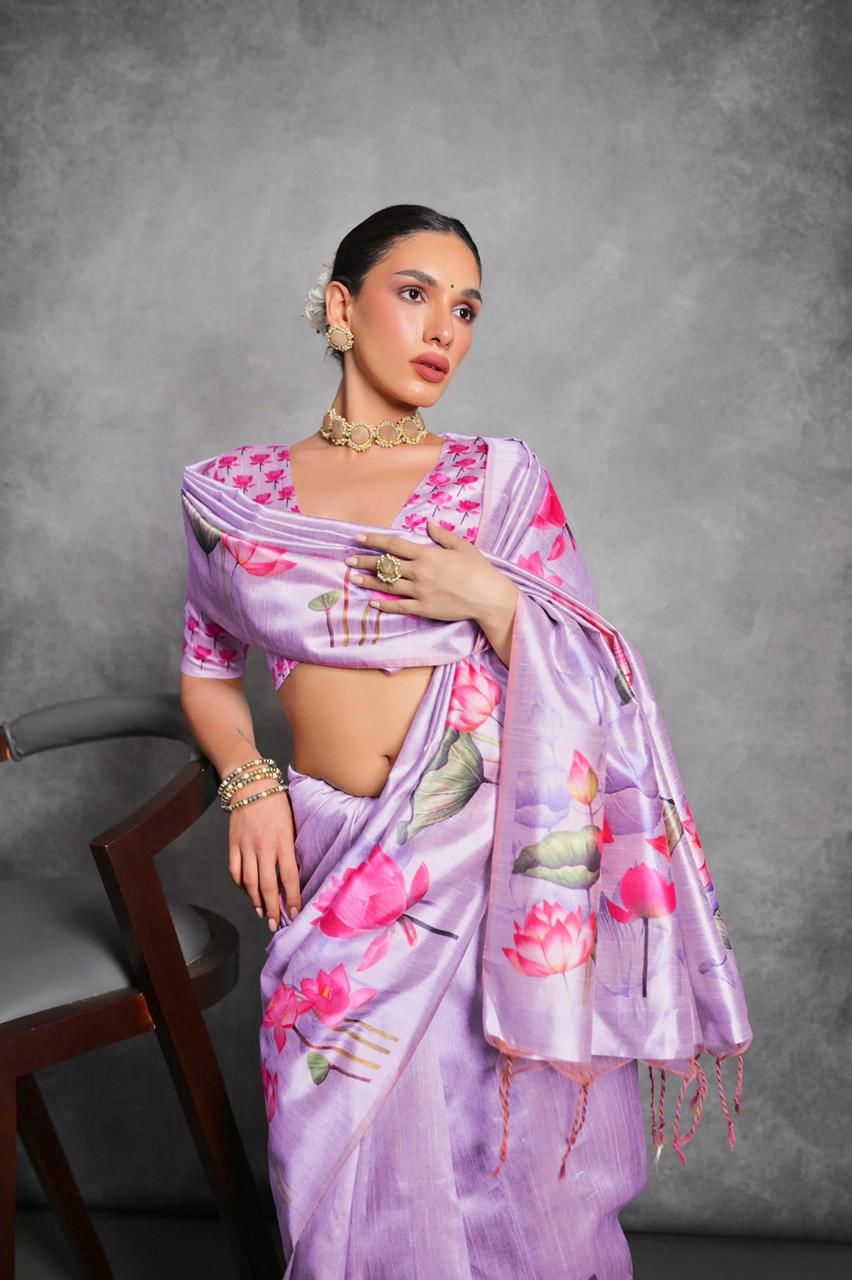 Jyoti Fashion Women's Lavender Soft Tussar Silk Floral Printed Saree with Blouse | Grocsy