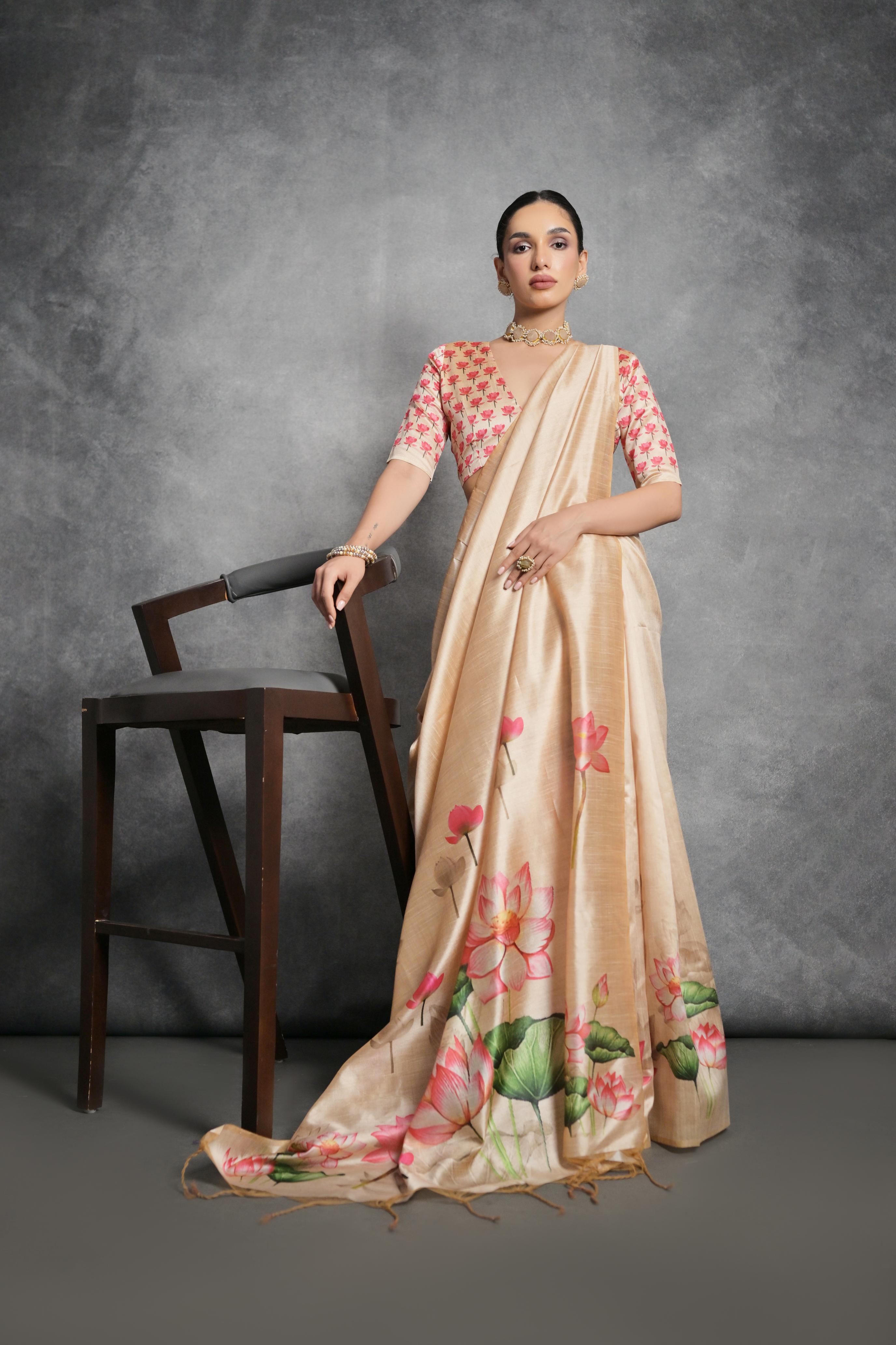Jyoti Fashion Women's Cream Soft Tussar Silk Floral Printed Saree with Blouse | Grocsy