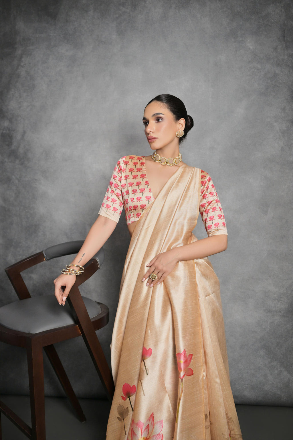 Jyoti Fashion Women's Cream Soft Tussar Silk Floral Printed Saree with Blouse | Grocsy