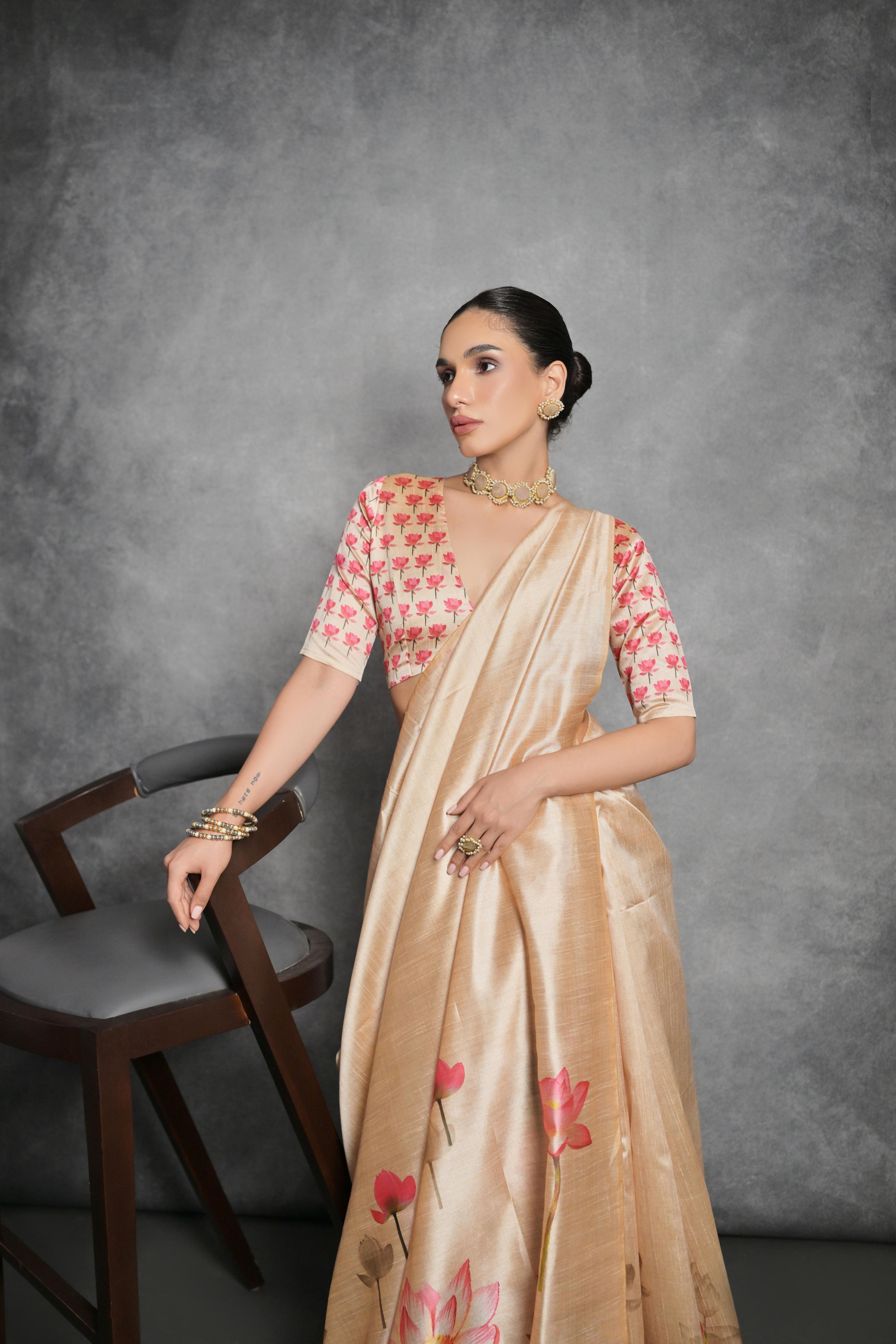 Jyoti Fashion Women's Cream Soft Tussar Silk Floral Printed Saree with Blouse | Grocsy