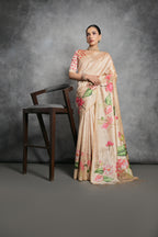 Jyoti Fashion Women's Cream Soft Tussar Silk Floral Printed Saree with Blouse | Grocsy