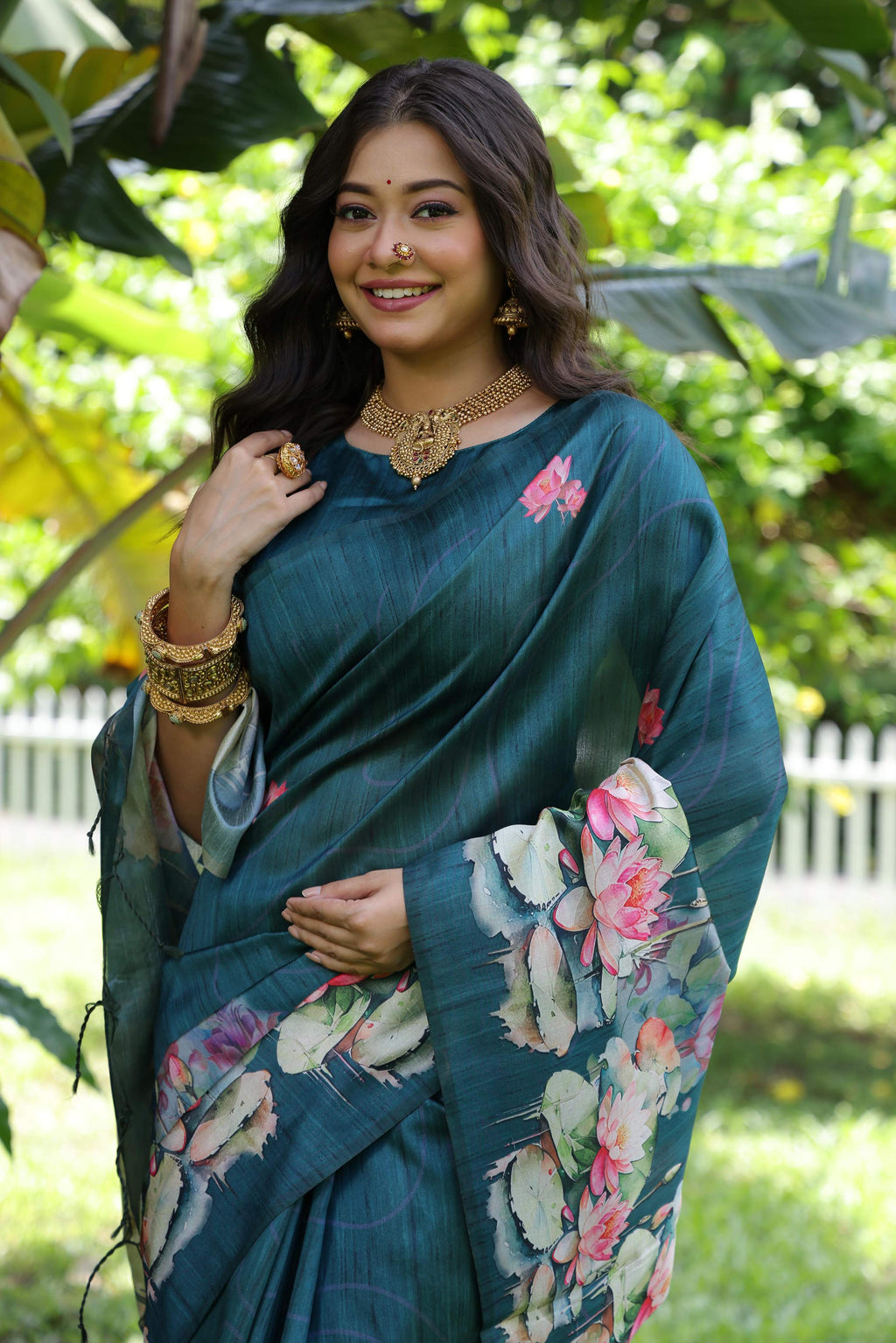 Jyoti Fashion Women's Teal Soft Tussar Silk Floral Printed Saree with Blouse | Grocsy