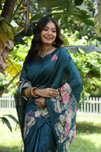 Jyoti Fashion Women's Teal Soft Tussar Silk Floral Printed Saree with Blouse | Grocsy