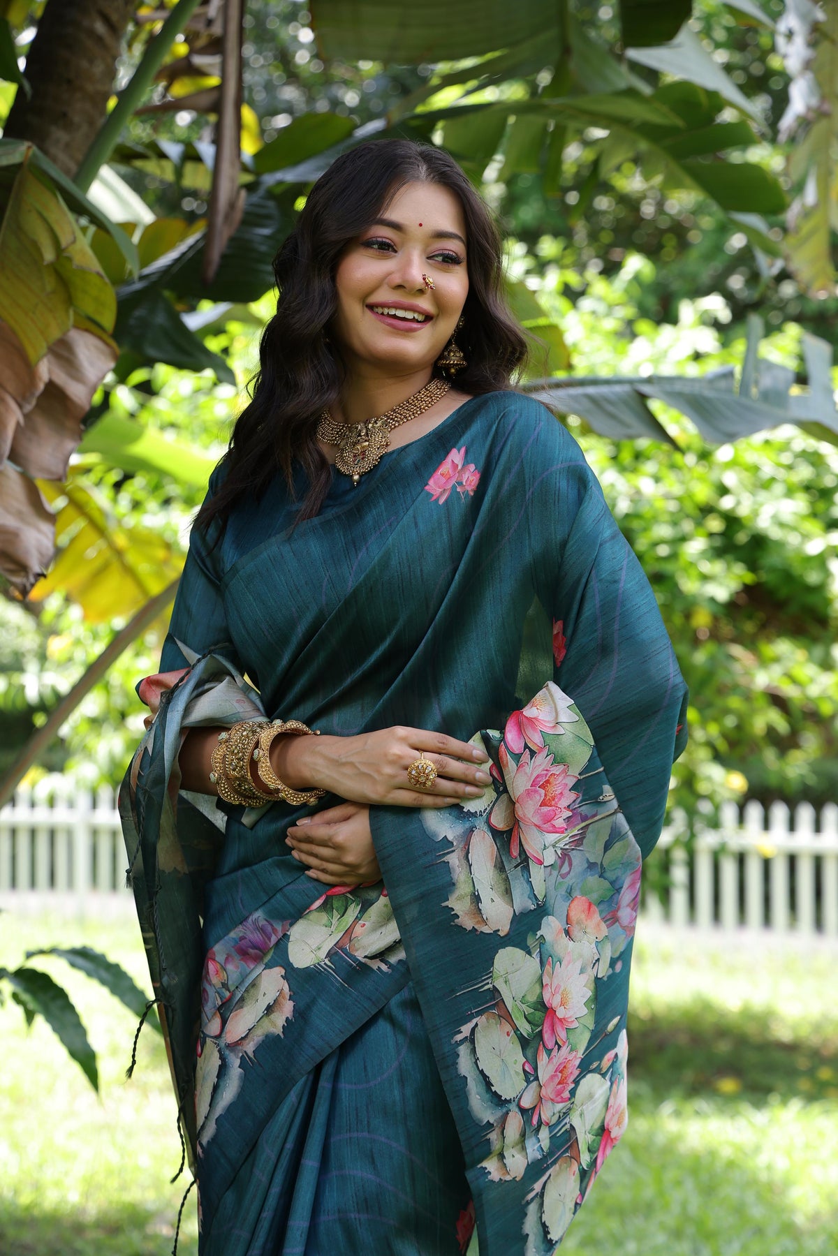 Jyoti Fashion Women's Teal Soft Tussar Silk Floral Printed Saree with Blouse | Grocsy