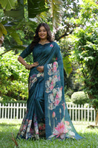 Jyoti Fashion Women's Teal Soft Tussar Silk Floral Printed Saree with Blouse | Grocsy