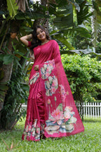 Jyoti Fashion Women's Rani Pink Soft Tussar Silk Floral Printed Saree with Blouse | Grocsy