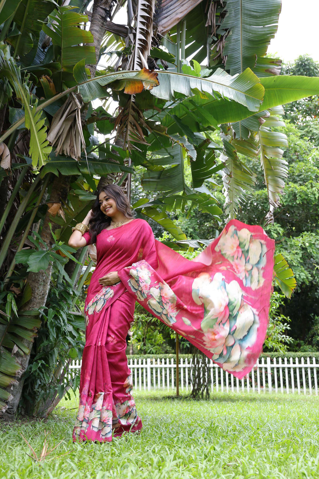 Jyoti Fashion Women's Rani Pink Soft Tussar Silk Floral Printed Saree with Blouse | Grocsy