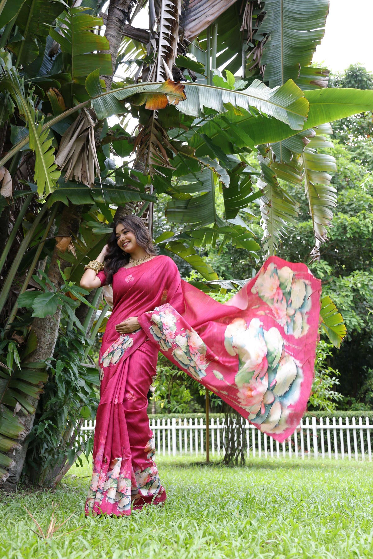 Jyoti Fashion Women's Rani Pink Soft Tussar Silk Floral Printed Saree with Blouse | Grocsy