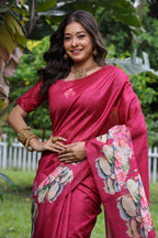 Jyoti Fashion Women's Rani Pink Soft Tussar Silk Floral Printed Saree with Blouse | Grocsy