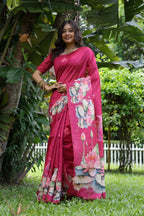 Jyoti Fashion Women's Rani Pink Soft Tussar Silk Floral Printed Saree with Blouse | Grocsy