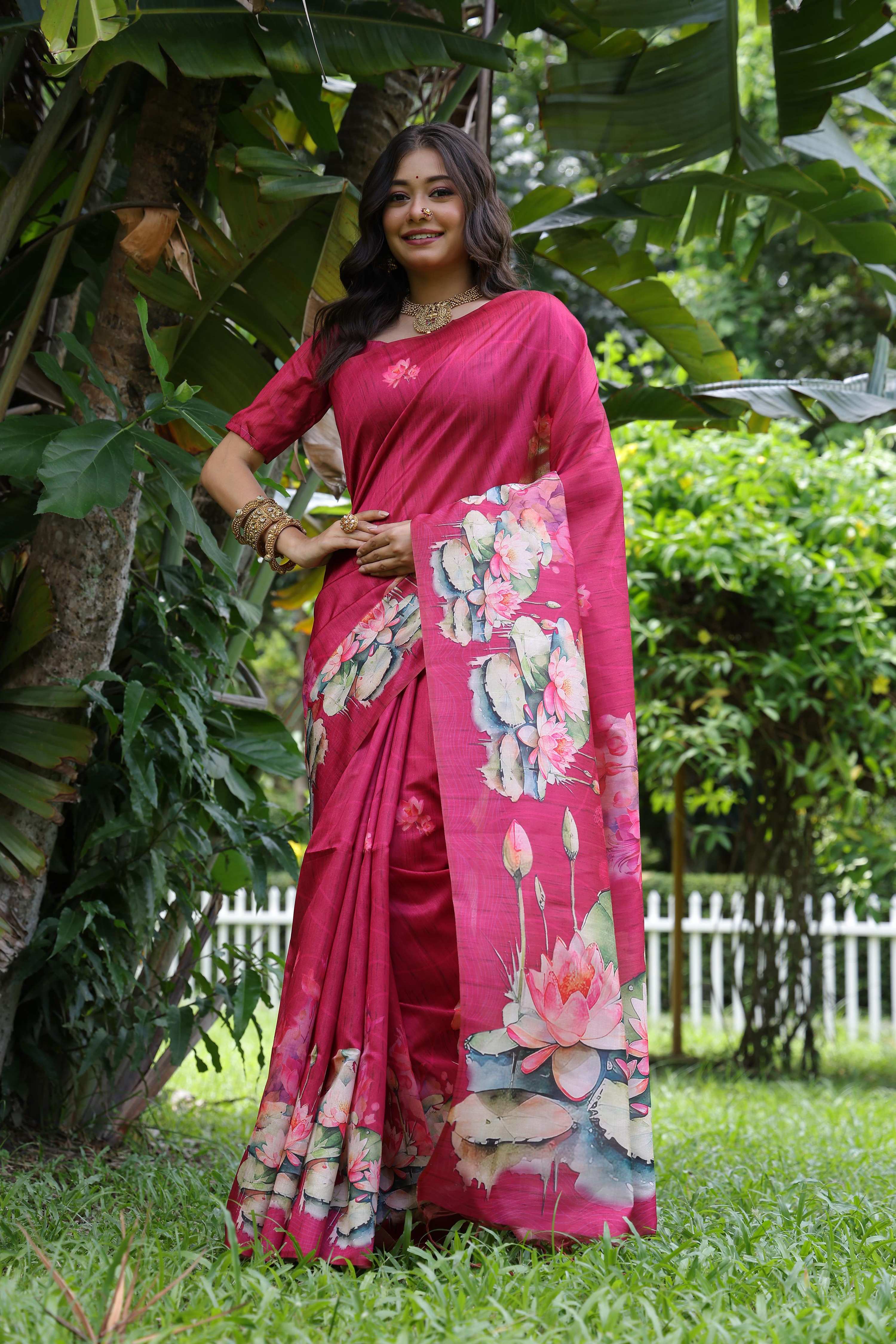Jyoti Fashion Women's Rani Pink Soft Tussar Silk Floral Printed Saree with Blouse | Grocsy