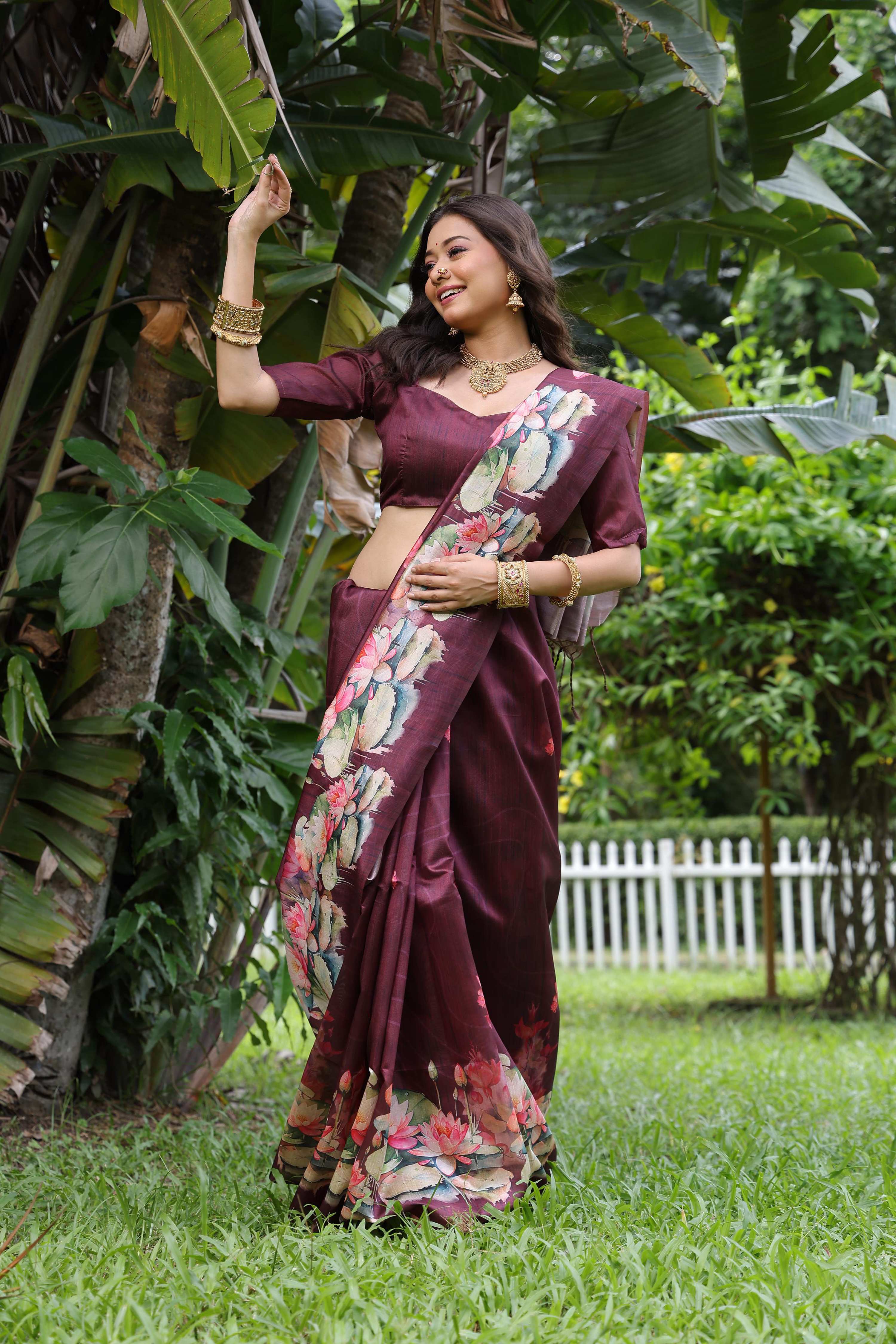 Jyoti Fashion Women's Wine Soft Tussar Silk Floral Printed Saree with Blouse | Grocsy
