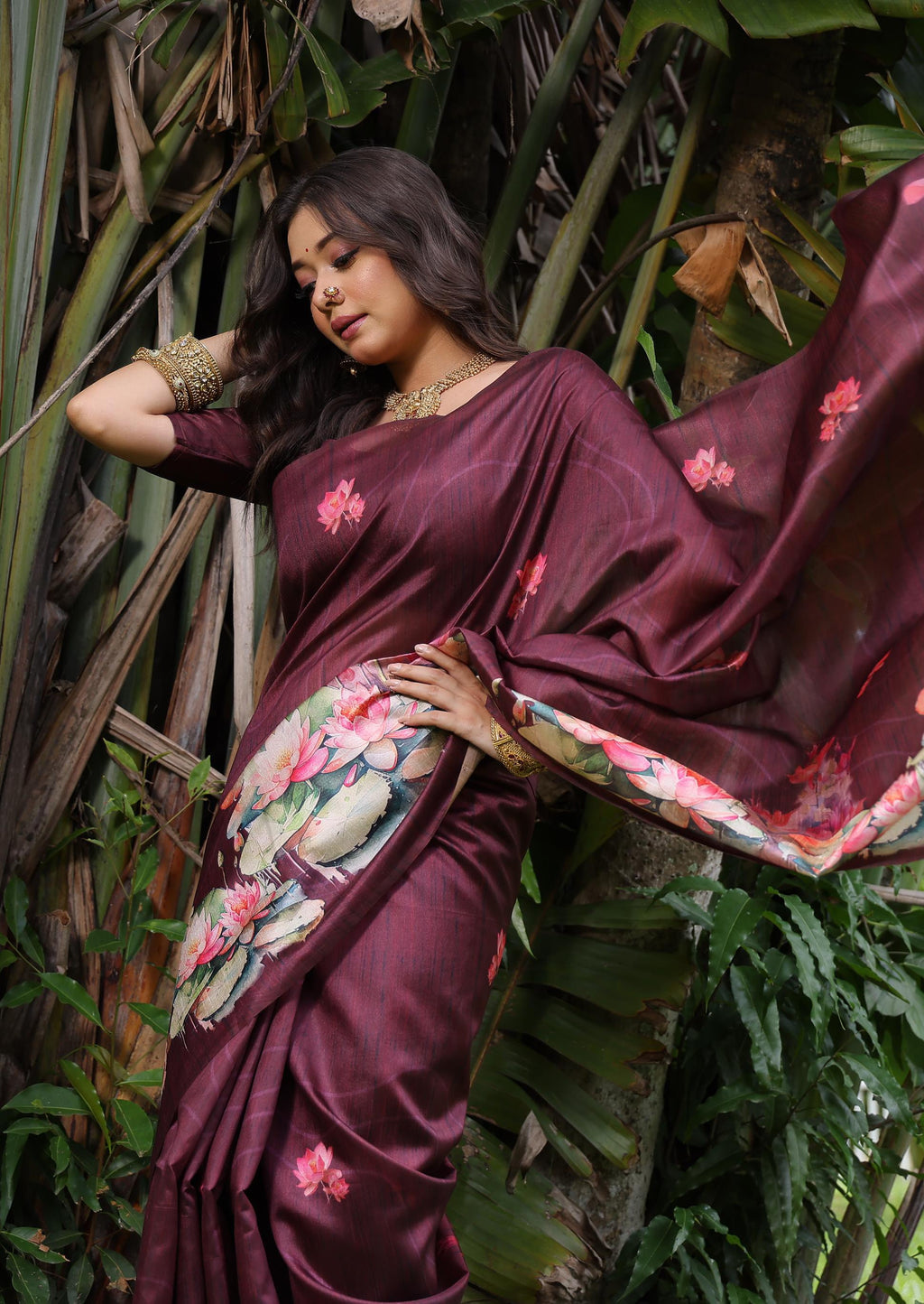 Jyoti Fashion Women's Wine Soft Tussar Silk Floral Printed Saree with Blouse | Grocsy