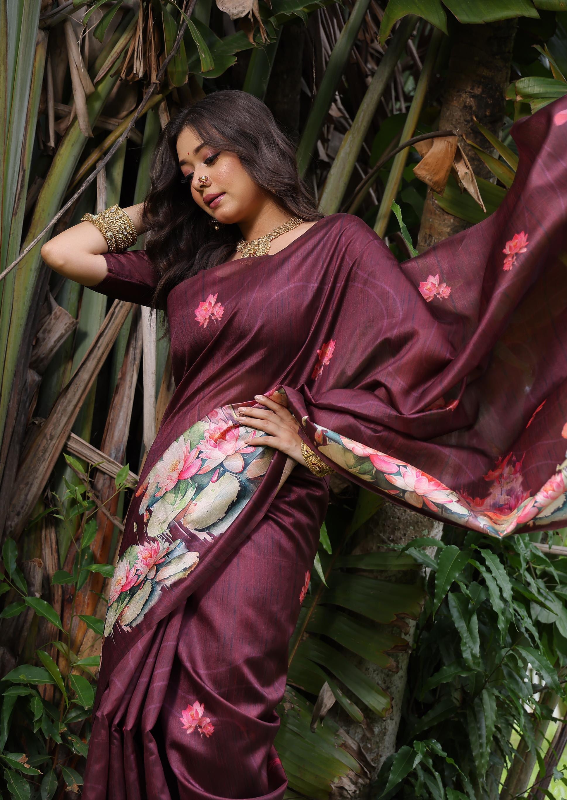 Jyoti Fashion Women's Wine Soft Tussar Silk Floral Printed Saree with Blouse | Grocsy