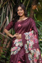 Jyoti Fashion Women's Wine Soft Tussar Silk Floral Printed Saree with Blouse | Grocsy