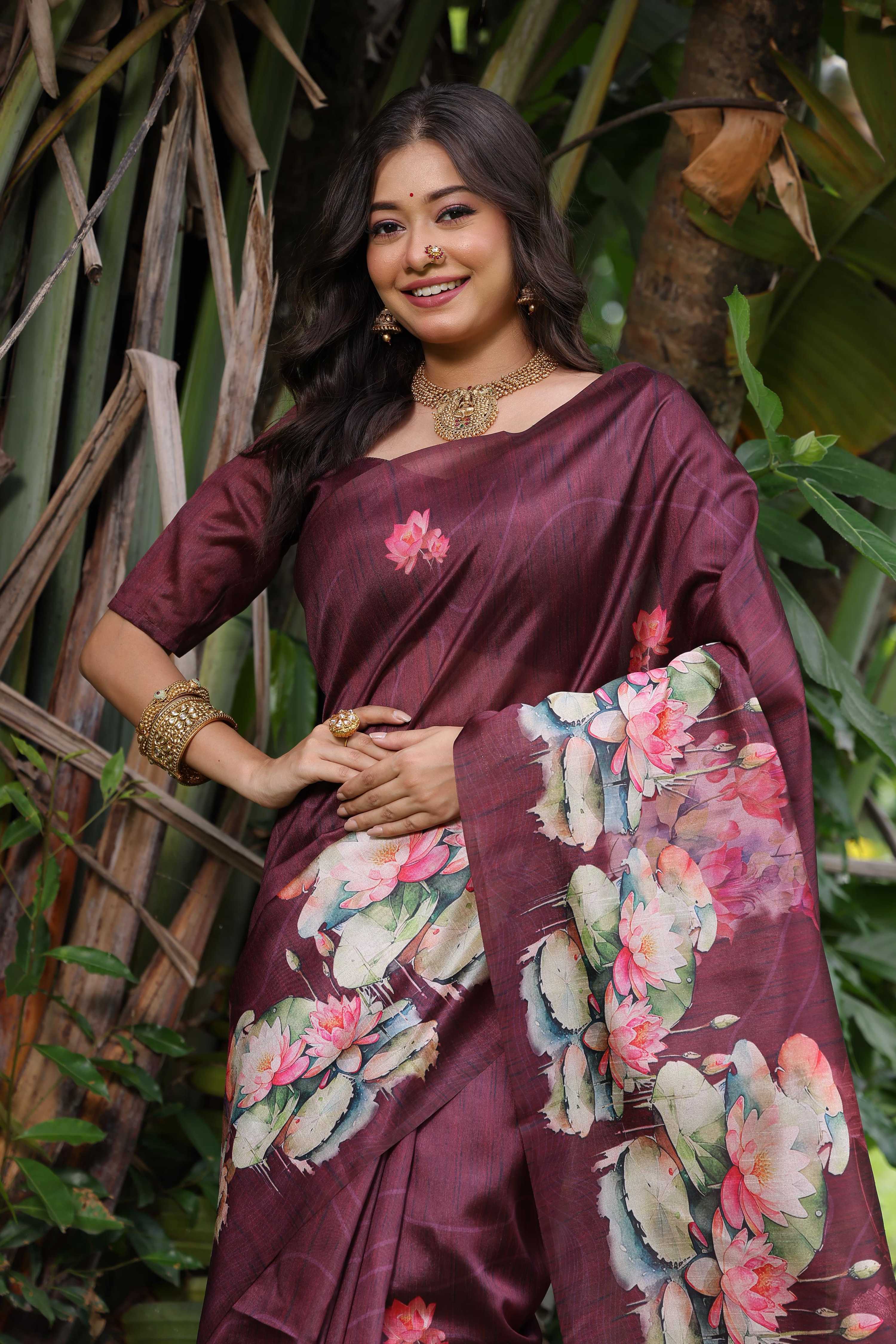Jyoti Fashion Women's Wine Soft Tussar Silk Floral Printed Saree with Blouse | Grocsy
