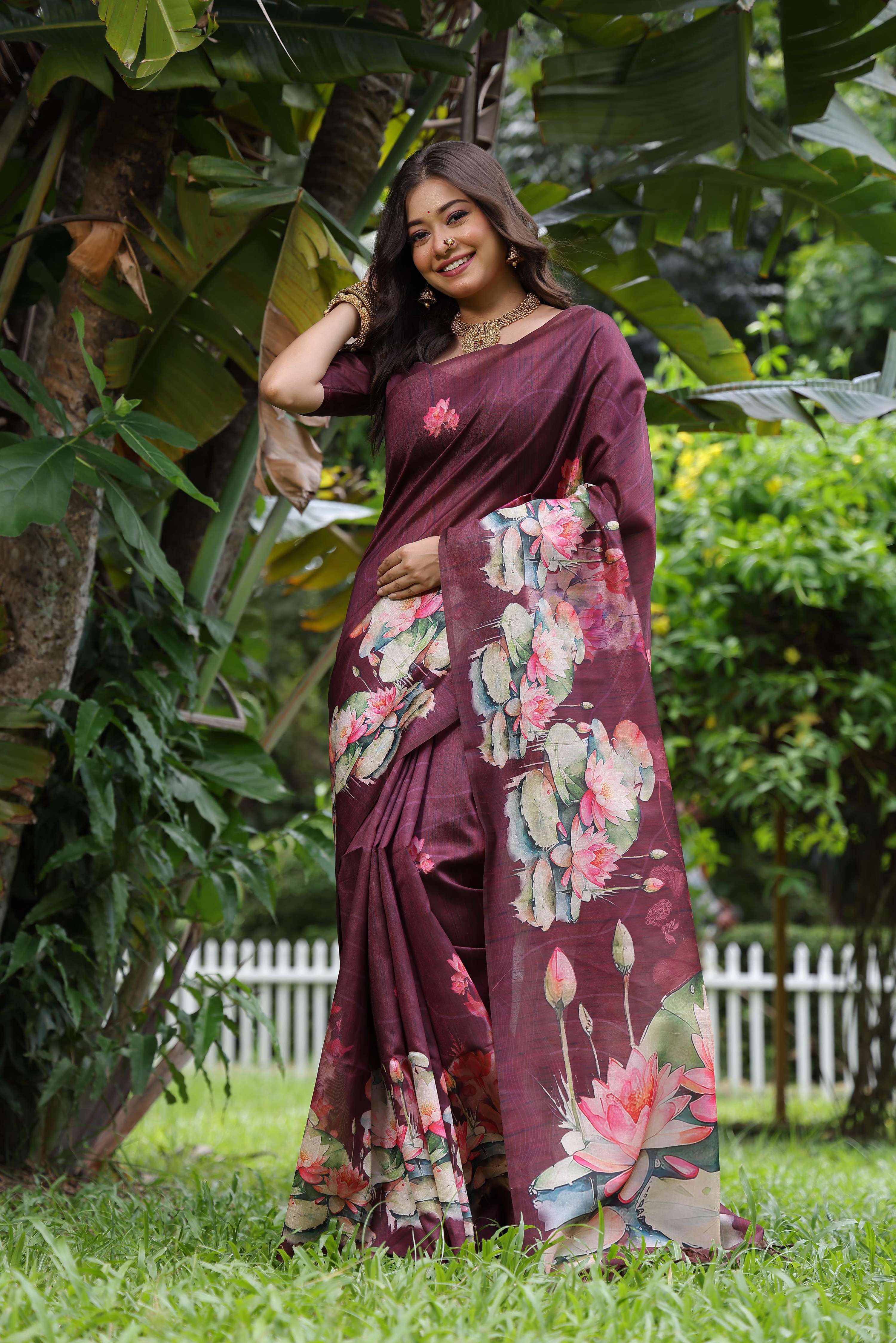 Jyoti Fashion Women's Wine Soft Tussar Silk Floral Printed Saree with Blouse | Grocsy