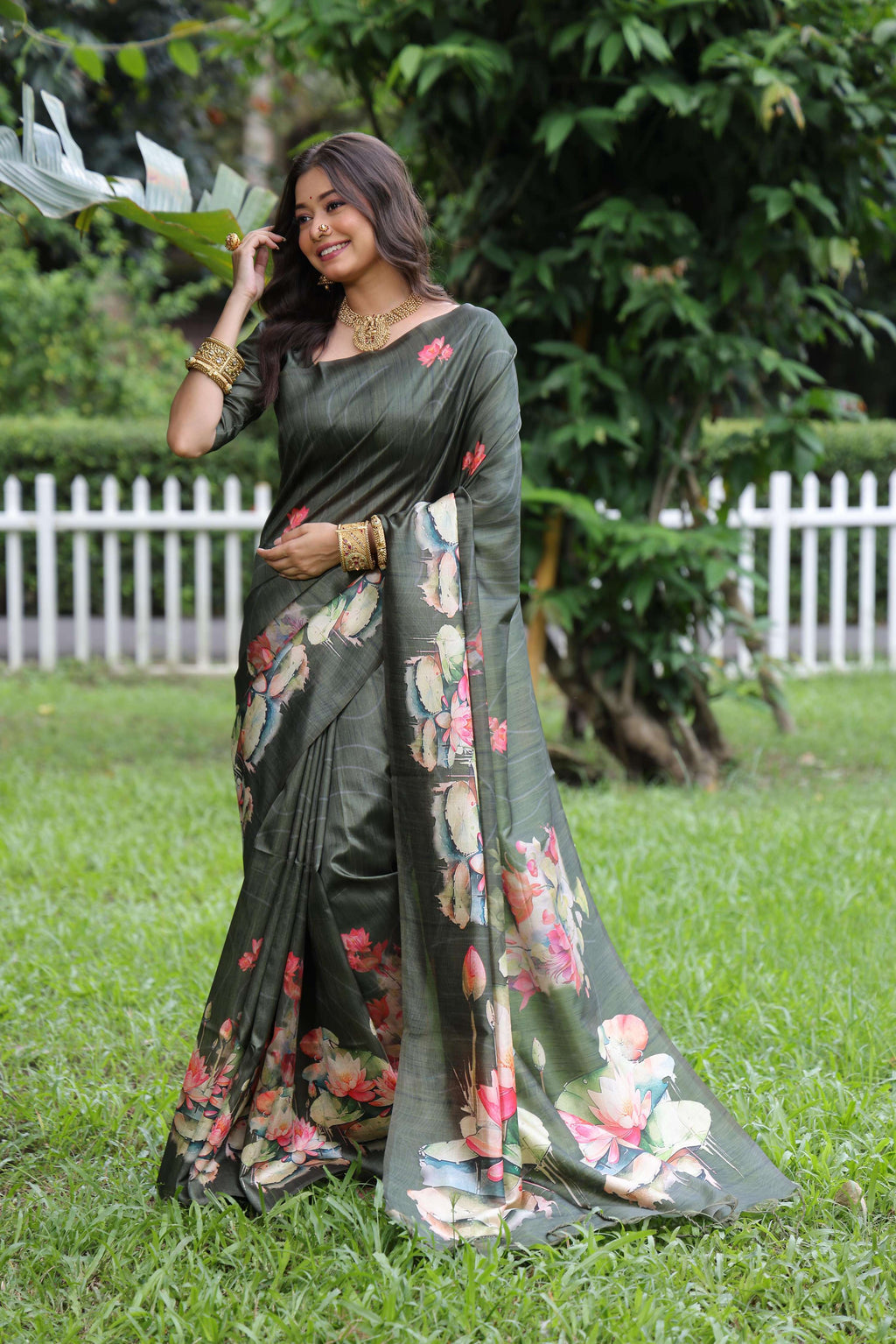 Jyoti Fashion Women's Mehendi Soft Tussar Silk Floral Printed Saree with Blouse | Grocsy